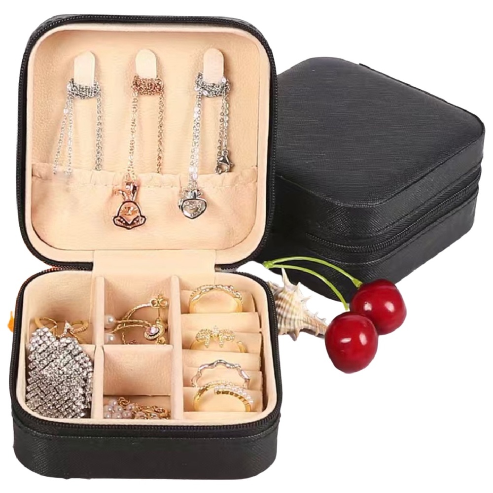 Black Faux Leather Jewelry Box Portable Travel Case for Earrings Rings Necklaces